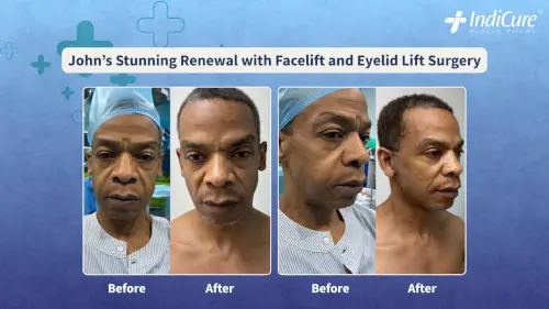 Before and after photos of John's successful facial rejuvenation showing the results of his mini-facelift and eyelid lift, highlighting smoother contours and a brighter appearance.